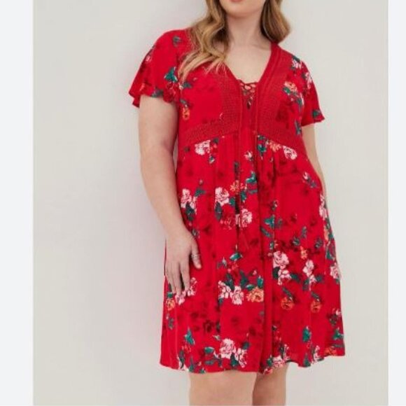 Torrid Red Floral Mini Gauze Lace-Up Skater Dress - Picture 8 of 11